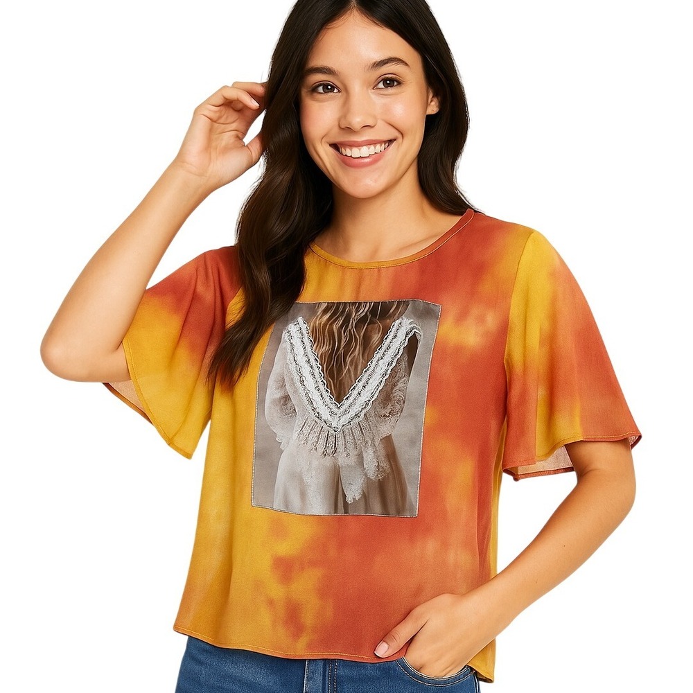 Vivid T Shirt Multicolor Tie Dye Sheer‎ Flutter Sleeve Bohemian Mesh Top New LG